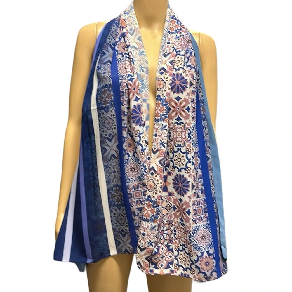 Blue White Long Rectangular Sarong Shawl Blanket Scarf Wrap 27 x 64 Inches
